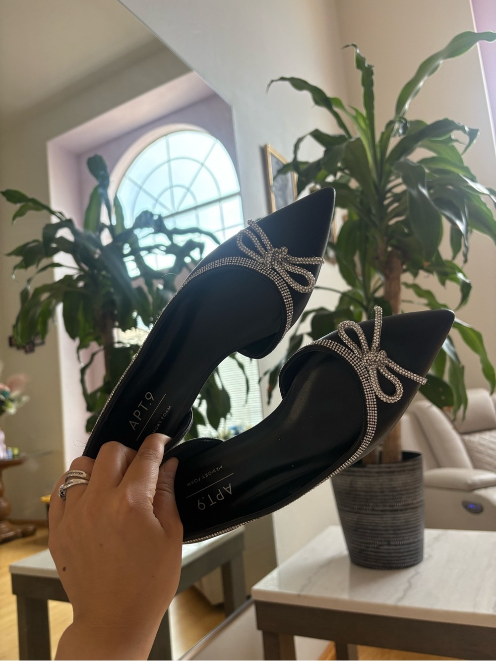 Apt. 9 Black Pointed Slip-On Flats with Crystal Bow Trim